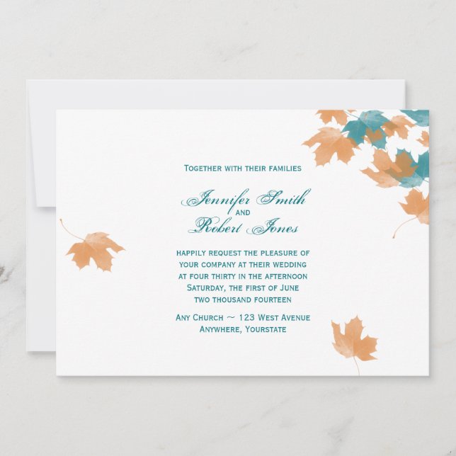 Orange Aqua Autumn Maple Leaf Wedding Invitation (Front)