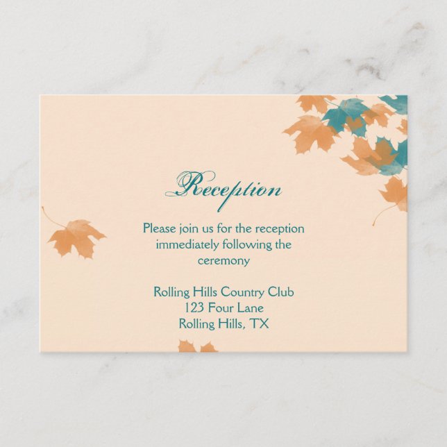 Orange Aqua Autumn Maple Leaf Wedding Reception Enclosure Card (Front)