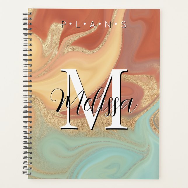 Orange Aqua Gold Modern Monogram Abstract Planner (Front)