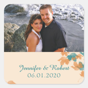 Orange Aqua Maple Leaf Wedding Favour Sticker