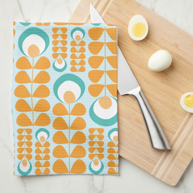 Orange, Aqua, Teal Mid Mod Flowers Pattern Tea Towel (Quarter Fold)