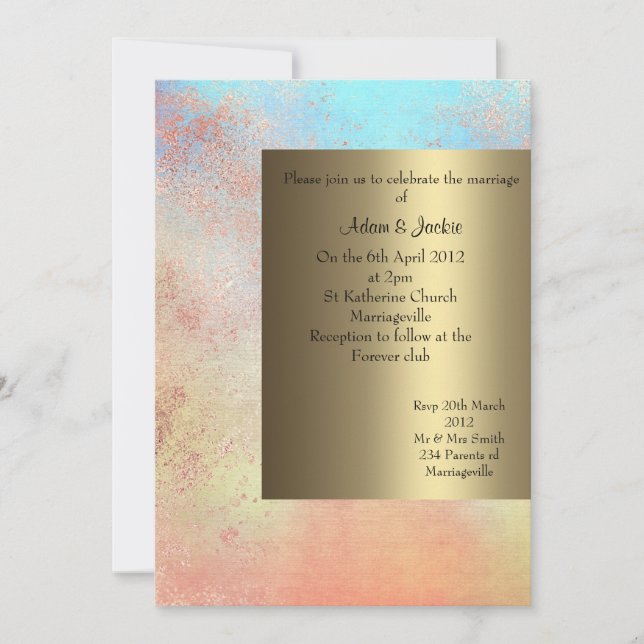 Orange Aqua Wedding invitations gold new (Front)