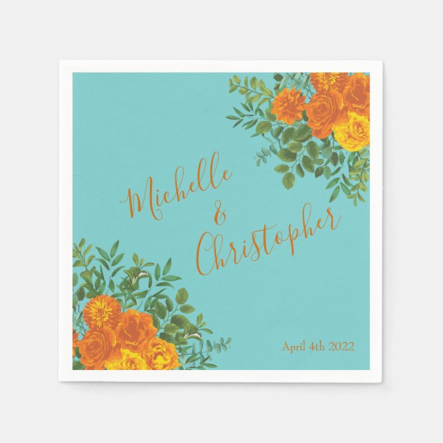 Orange & Aqua Wedding Modern Floral Napkin (Front)