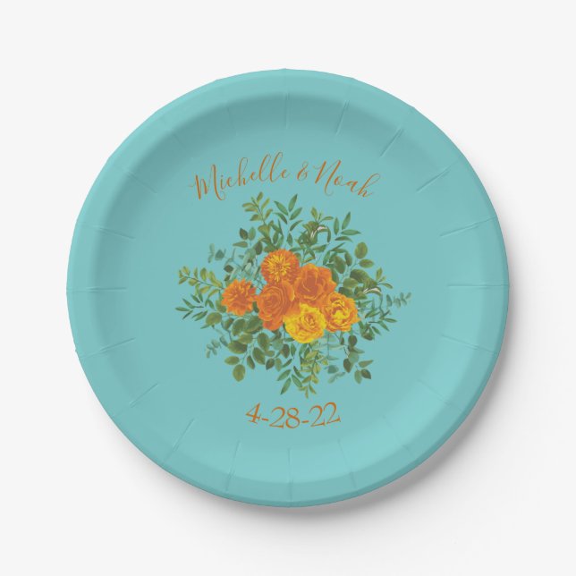 Orange & Aqua Wedding Modern Floral Paper Plate (Front)