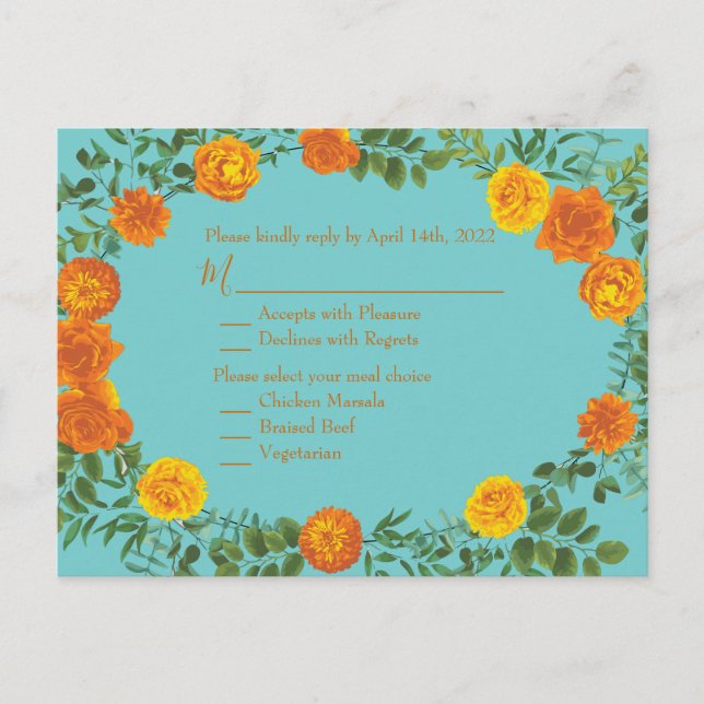 Orange & Aqua Wedding Modern Floral Postcard (Front)