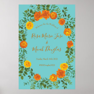 Orange & Aqua Wedding Modern Floral Poster