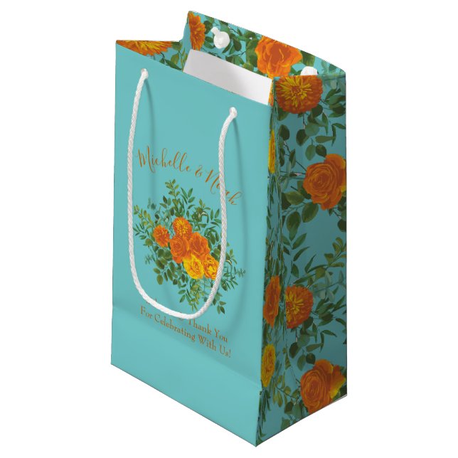 Orange & Aqua Wedding Modern Floral Small Gift Bag (Front Angled)