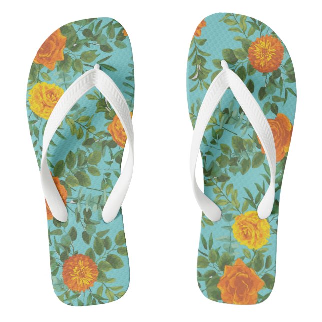 Orange & Aqua Wedding Modern Floral Thongs (Footbed)