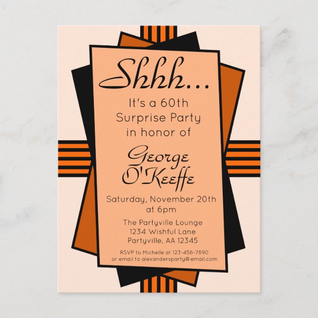 Orange Art Deco 60th Surprise Party Birthday Invitation Postcard (Front)