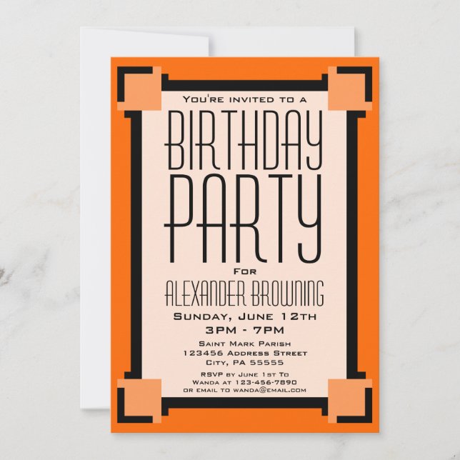 Orange Art Deco Birthday Party Invitation (Front)