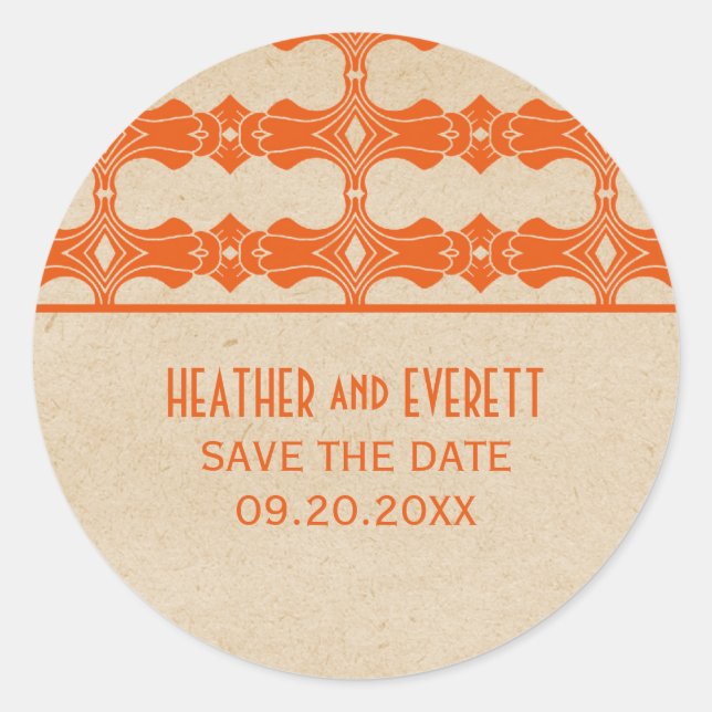Orange Art Deco Border Save the Date Stickers (Front)