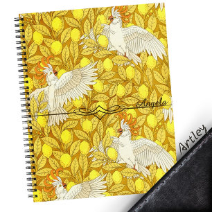 Orange Art Nouveau Cockatoo Lemon Custom Name Notebook
