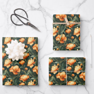 Orange Art Nouveau Floral Wrapping Paper Sheet