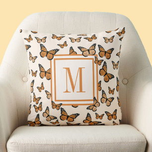 Orange Autumn Butterflies Custom Monogram Cushion
