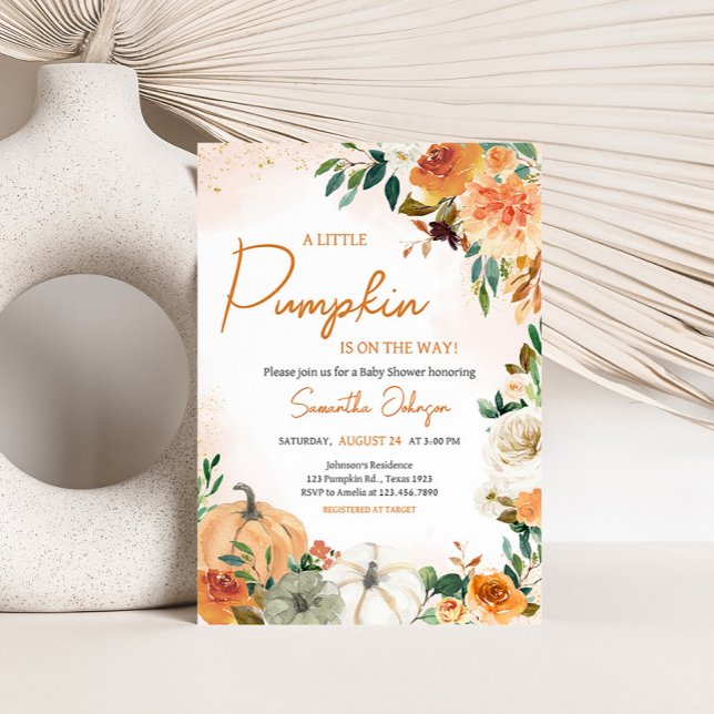 Orange Autumn Fall Floral Pumpkin Baby Shower Invitation (Autumn Floral Pumpkin Baby Shower Invitation)