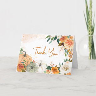 Orange Autumn Fall Floral Pumpkin Baby Shower Thank You Card