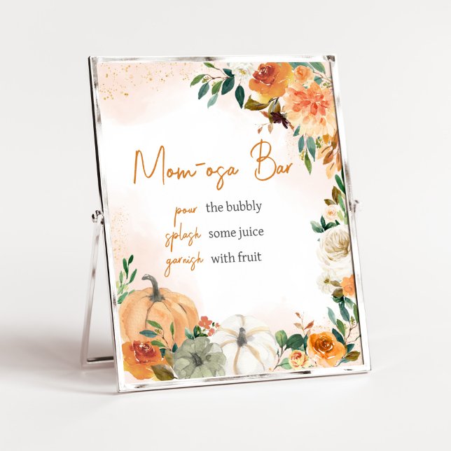 Orange Autumn Fall Floral Pumpkin Mum Osa Bar Poster (Autumn Floral Pumpkin Baby Shower Mom Osa Bar Sign)