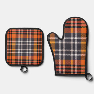 Orange Autumn Fall Plaid Oven Mitt & Pot Holder Set