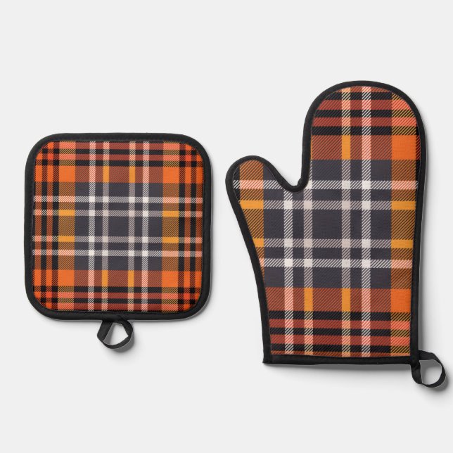 Orange Autumn Fall Plaid Oven Mitt & Pot Holder Set (Front)