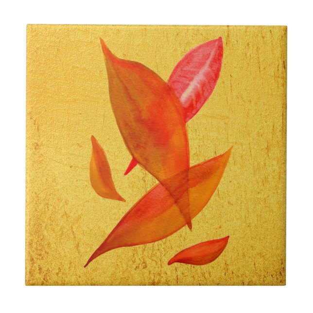 Orange Autumn Fall seasonal leaf art Ceramic Tile (Front)
