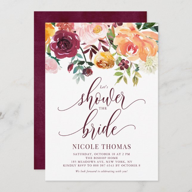 Orange Autumn Floral Garland Fall Bridal Shower Invitation (Front/Back)