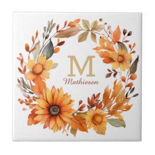 Orange Autumn Floral Wreath Monogram Ceramic Tile