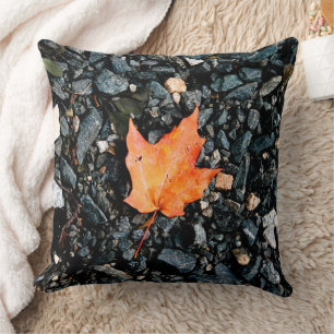 Orange Autumn Leaf on Black Rocks Cushion