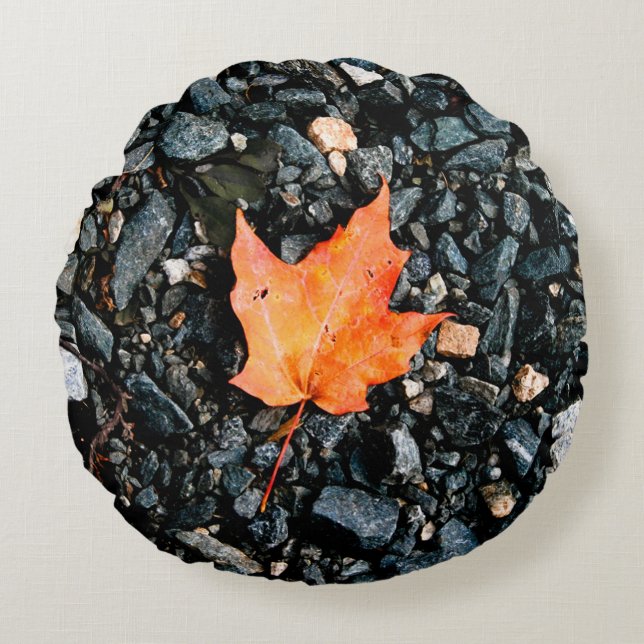 Orange Autumn Leaf on Black Rocks Round Cushion (Front)