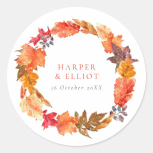 Orange Autumn Leaves Wreath Fall Wedding Classic Round Sticker