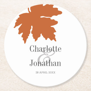 Orange Autumn Maple Leaf Wedding/Engagement Round Paper Coaster
