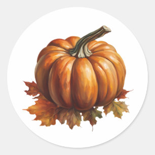 Orange Autumn Pumpkin and Maple Leaves Classic Round Sticker