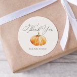 Orange Autumn Pumpkin Thank You Classic Round Sticker<br><div class="desc">Thank you sticker featuring orange pumpkin. Great for a bridal or baby shower.  Personalise with your information or click "Click to customise further" to edit font styles,  size and colours.</div>