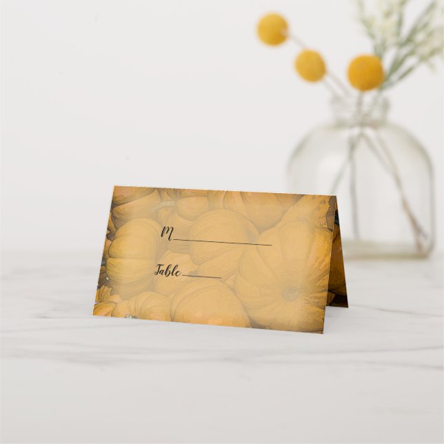 Orange Autumn Pumpkins Wedding Place Card (Front)
