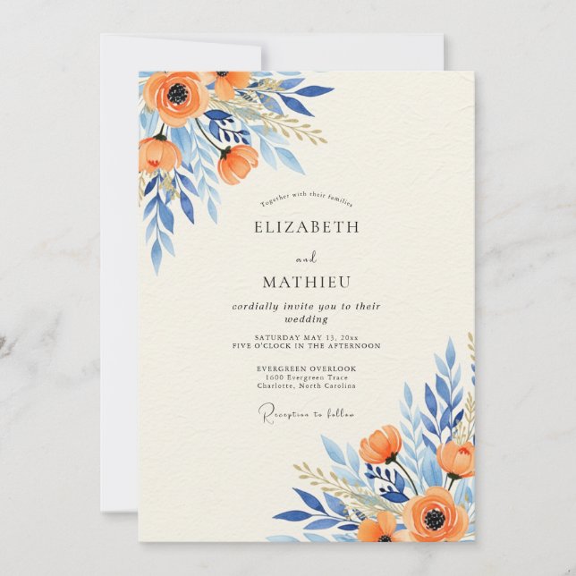 Orange Azure Splendid Botanical Wedding Invitation (Front)