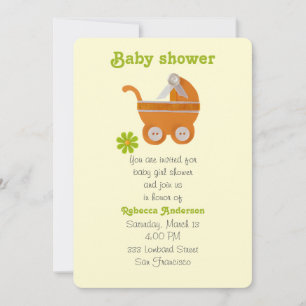 Orange baby carriage, green flower for baby shower invitation