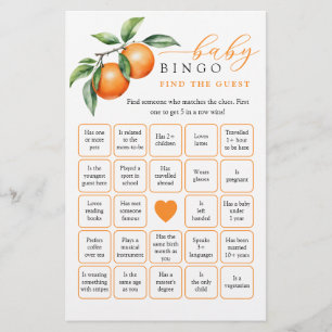 Orange Baby Shower Find the guest Bingo Game