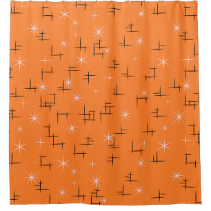 Orange Background Abstract Lines and Retro Stars Shower Curtain
