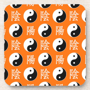 Orange Background Chinese Yinyang Pattern Coaster