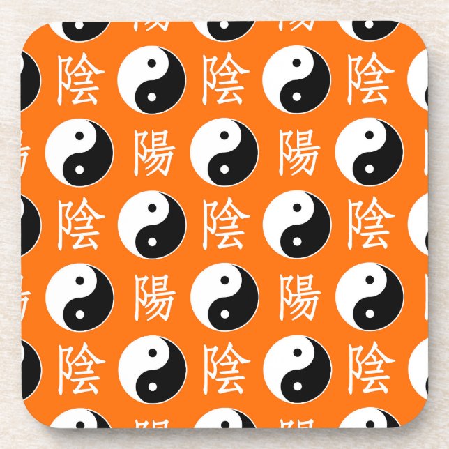 Orange Background Chinese Yinyang Pattern Coaster (Front)