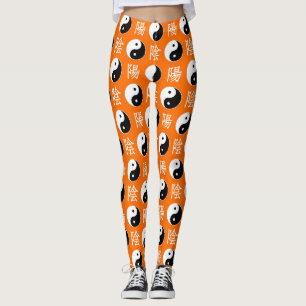 Orange Background Chinese Yinyang Pattern Leggings