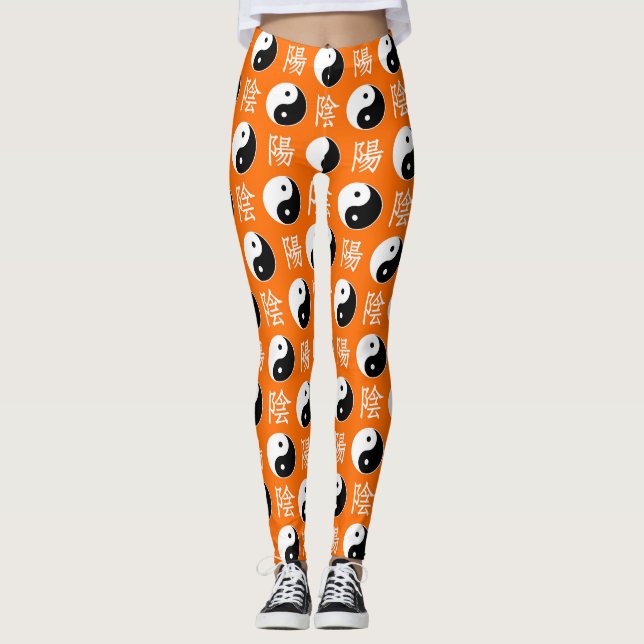 Orange Background Chinese Yinyang Pattern Leggings (Front)
