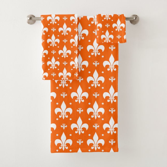 Orange Background Fleur-de-lis Pattern Design  Bath Towel Set (Insitu)