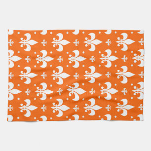 Orange Background Fleur-de-lis Pattern Design Tea Towel