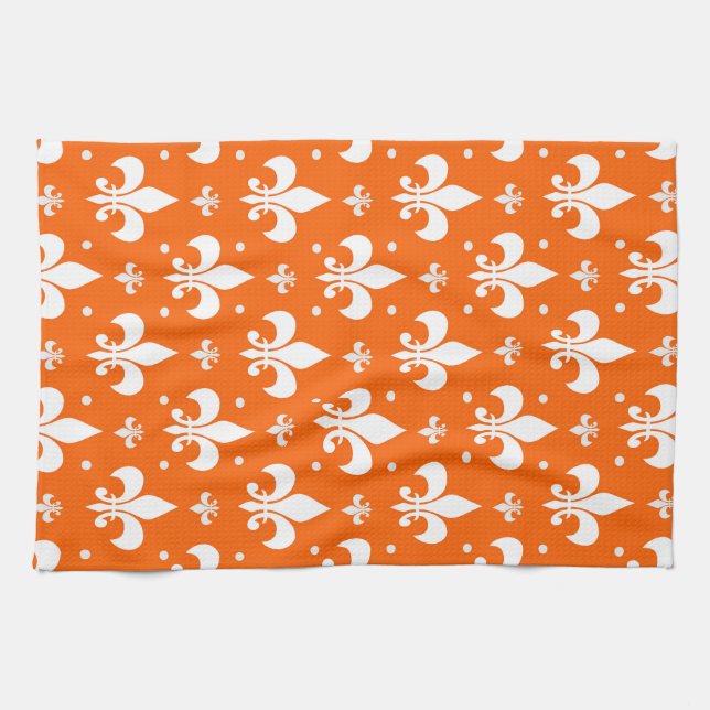 Orange Background Fleur-de-lis Pattern Design  Tea Towel (Horizontal)