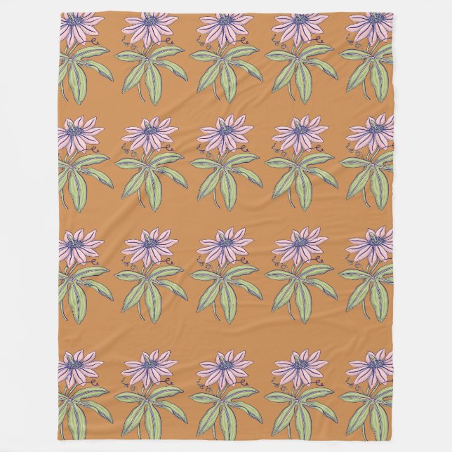 Orange background pink flower pattern fleece blanket (Front)
