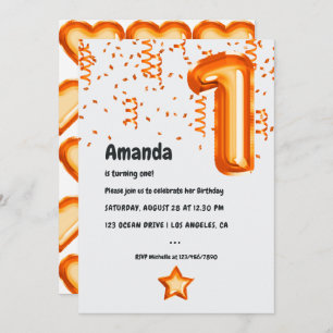 Orange Balloon 1st Birthday Invitation