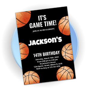 Orange Balls Black Basketball Birthday Invitations