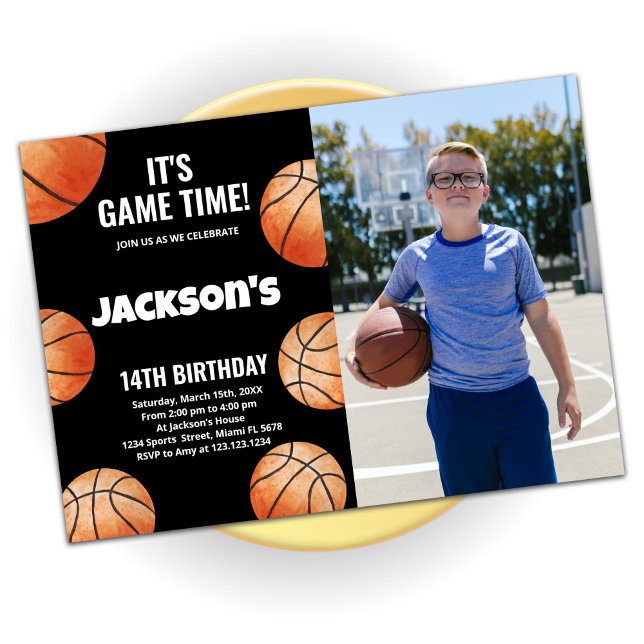 Orange Balls Black Basketball Birthday Photo Invitation (Creator Uploaded)