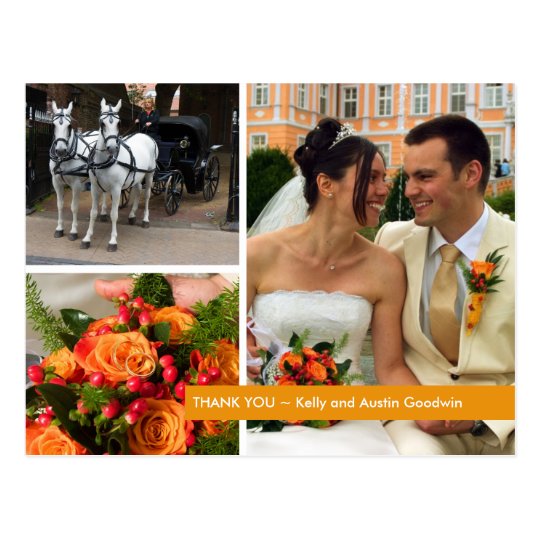 Orange band modern 3 photo montage thank you note postcard