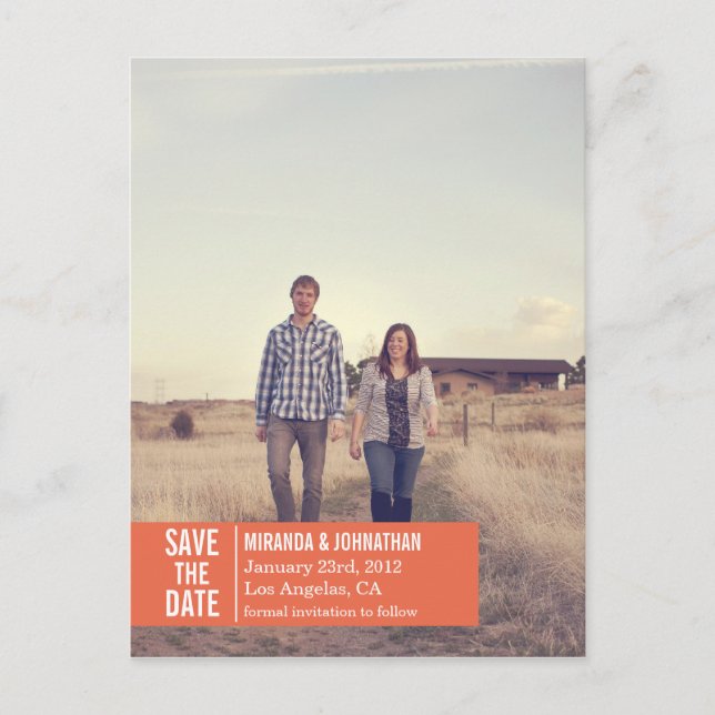 Orange Banner Photo Save The Date Post Cards (Front)